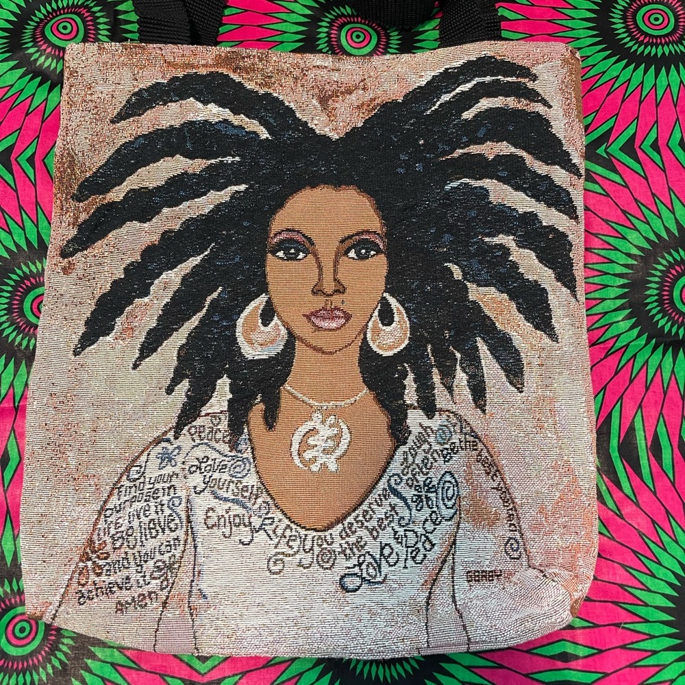 Tote bag. Sister locks. Adinkra symbol. NWT